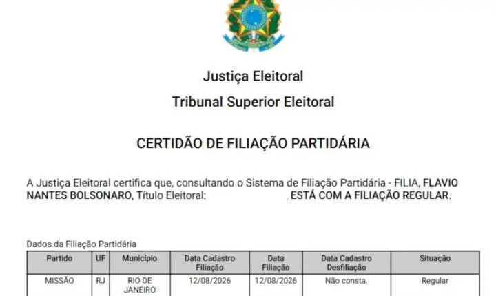 Flávio aparece como filiado ao Missão e não consegue registrar candidatura à Presidência